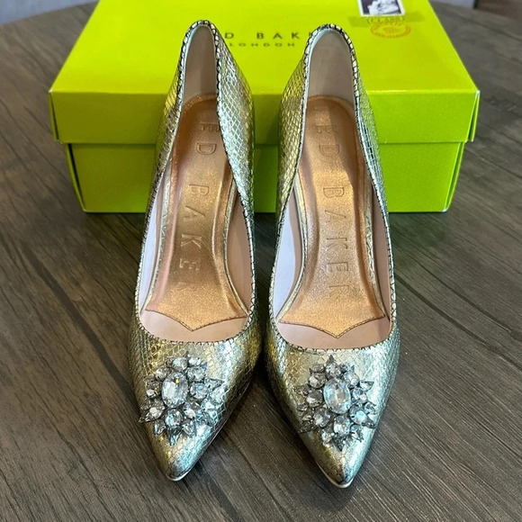 TED BAKER Elannam Snake Embrossed High Heel Brooch Shoe in Bronze Size 8 - Picture 2 of 10
